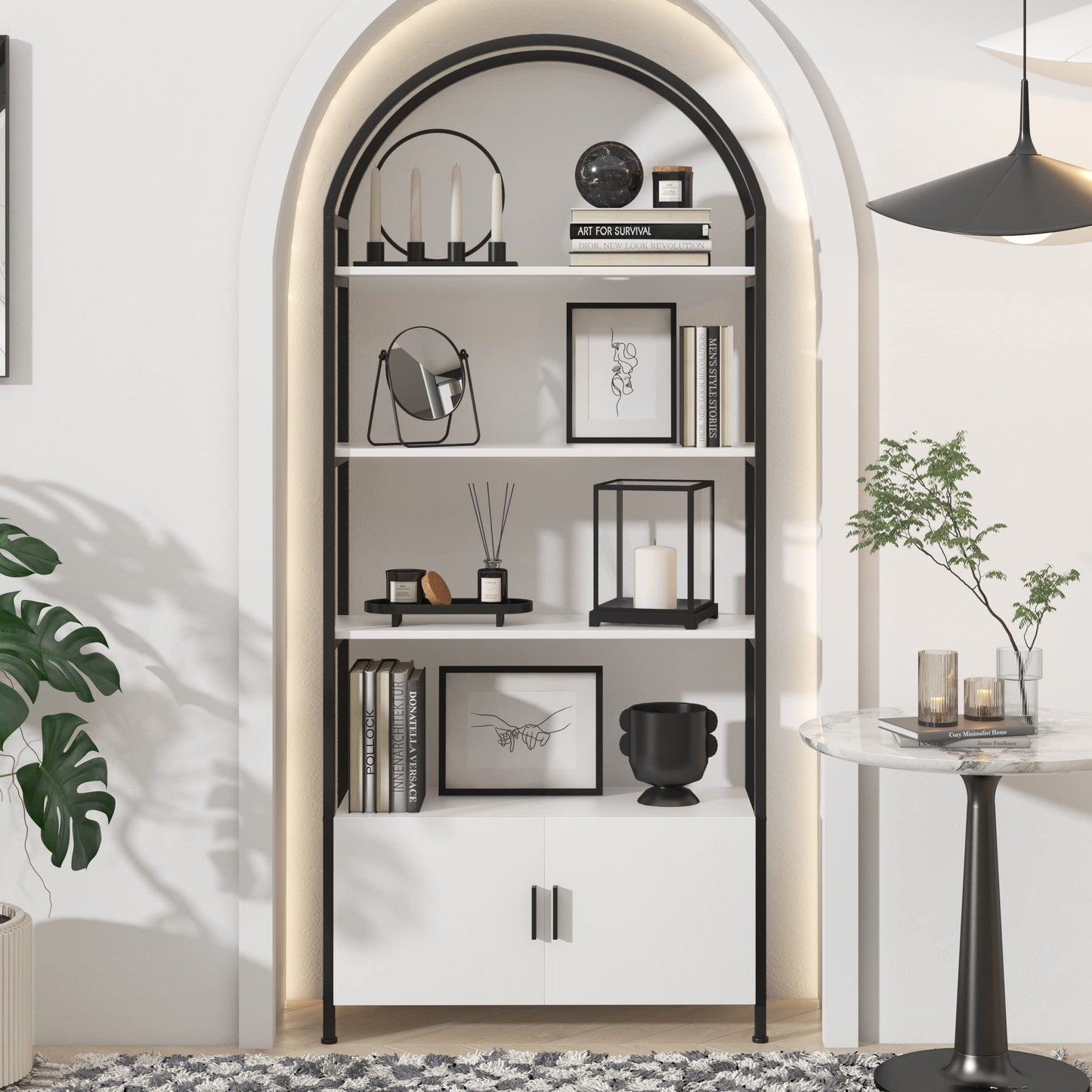 Arched Bookshelf, Bookcase with Doors Storage, 71 Inches Tall Industrial Book Shelf with Sturdy Metal Frame, E1 Quality Boards, Freestanding Display Shelving Unit, Black