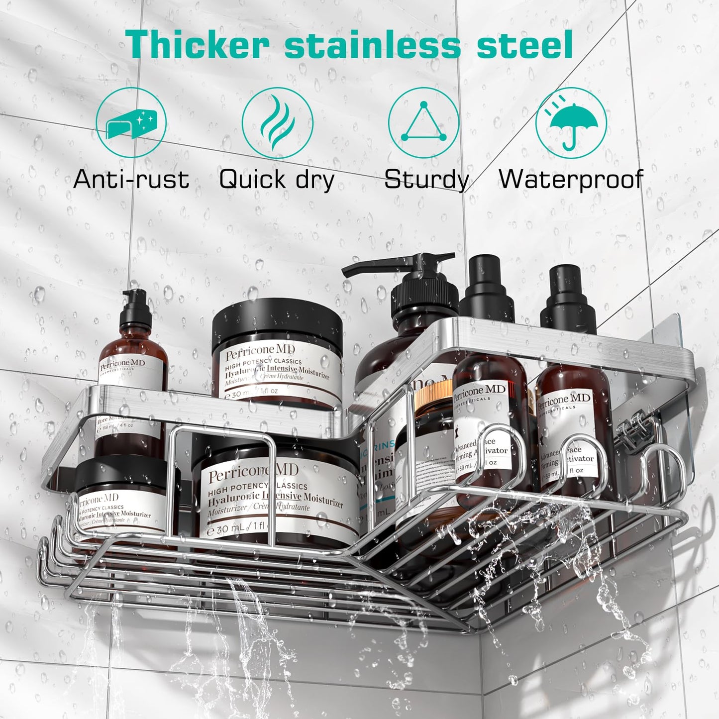 YASONIC Corner Adhesive Shower Caddy, with Soap Holder and 12 Hooks, Rustproof Stainless Steel Bathroom Organizer, No Drilling Wall Mounted Rack, Black, 3-Pack
