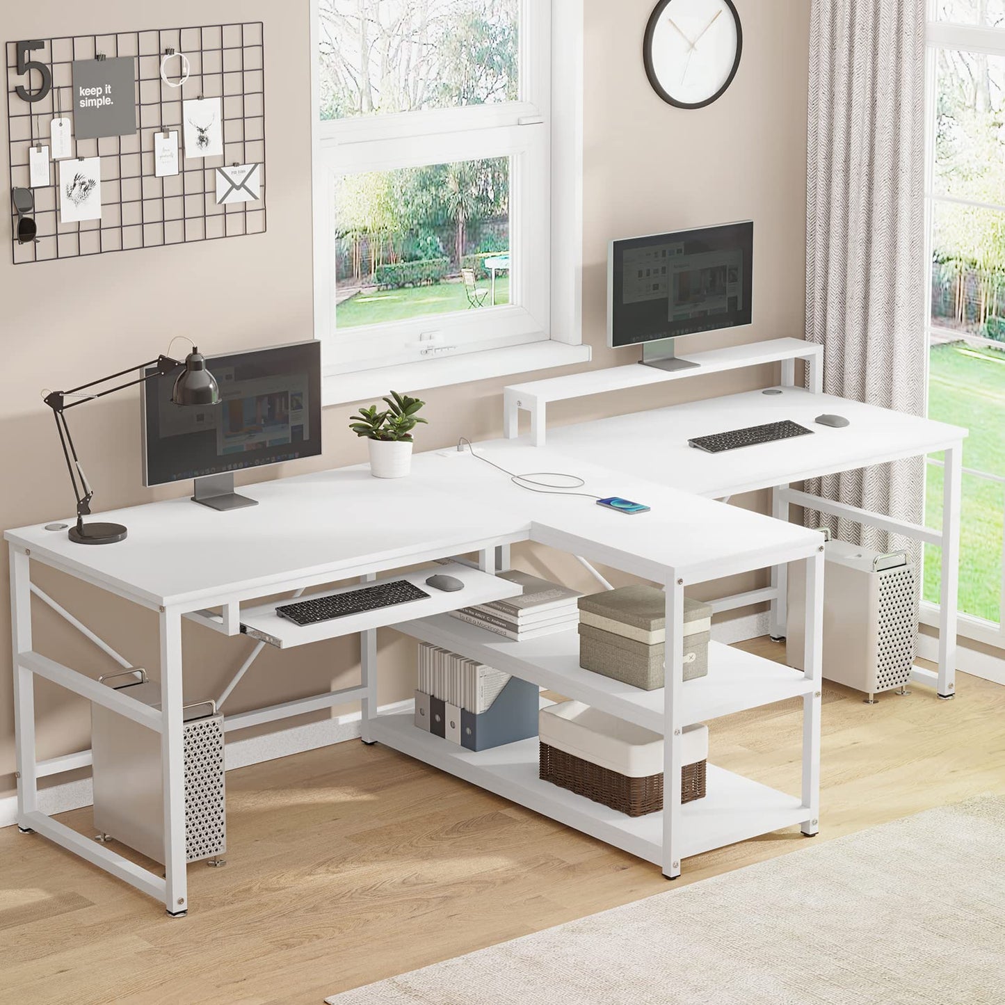 SEDETA 94.5" Home Office Desks, Computer Gaming Desk with Storage, LED Lights, Power Strip with USB, Keyboard Tray & Monitor Stand, Extra Long Double Desk for 2 Person
