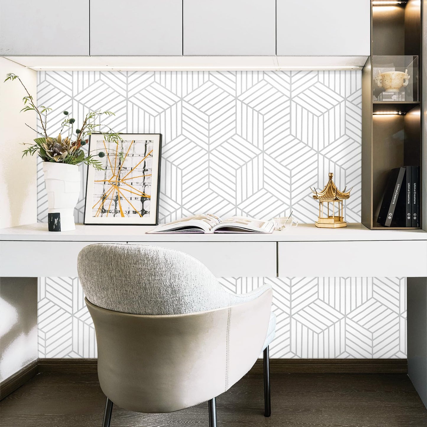 CiCiwind Peel and Stick Wallpaper Boho Wall Paper Modern White and Gold Geometric Contact Paper for Cabinets Removable Self Adhesive Bathroom Wallpaper for Bedroom Papel Tapiz para Pared 15.7"x78.7"