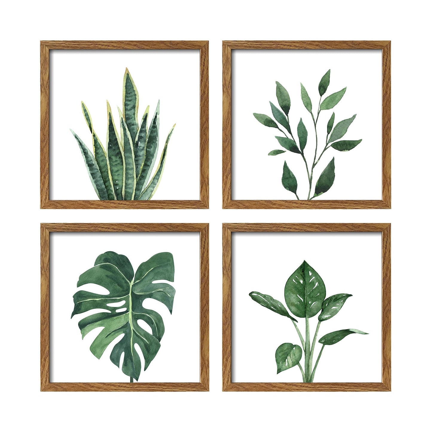 ArtbyHannah Framed Bathroom Wall Decor, 10x10 Inch Botanical Wall Art with Sage Green Plant Print for Wall Decoration, Minimalist Restroom Decor (Walnut)