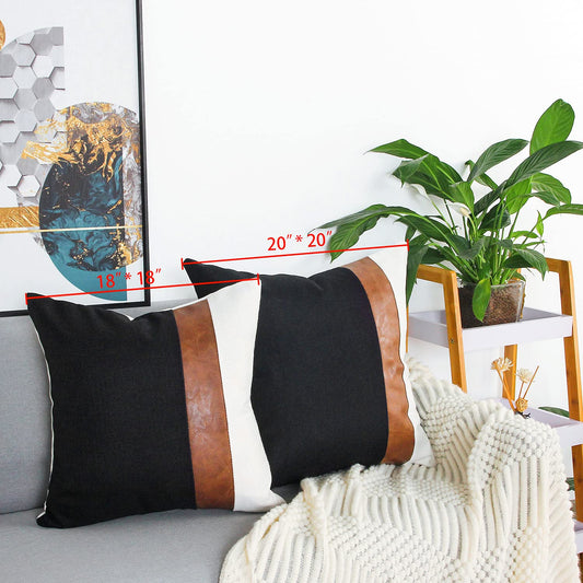 cygnus Set of 2 Faux Leather and Linen Throw Pillow Covers 18x18 Inch Black and White Modern Decorative Accent Cover