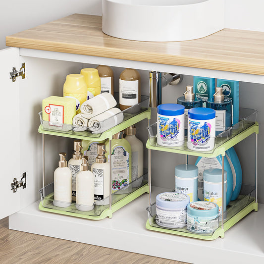 Delamu 2 Sets of 2-Tier Multi-Purpose Bathroom Under Sink Organizers and Storage, Stackable Kitchen Pantry Organization