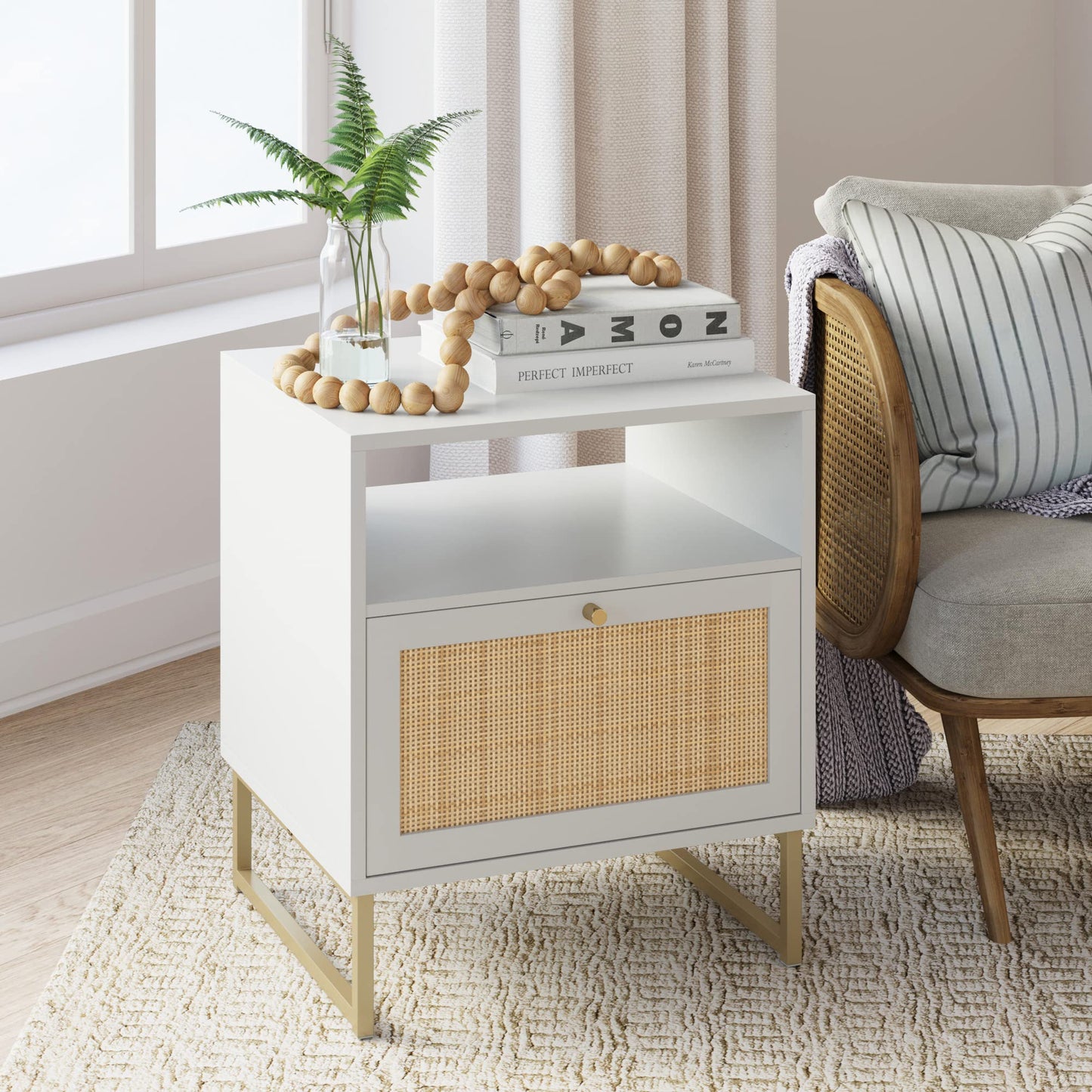 Nathan James Mina Rattan Wood End Side Accent Table Nightstand with Storage for Living Room or Bedroom, 1, Oak/Black