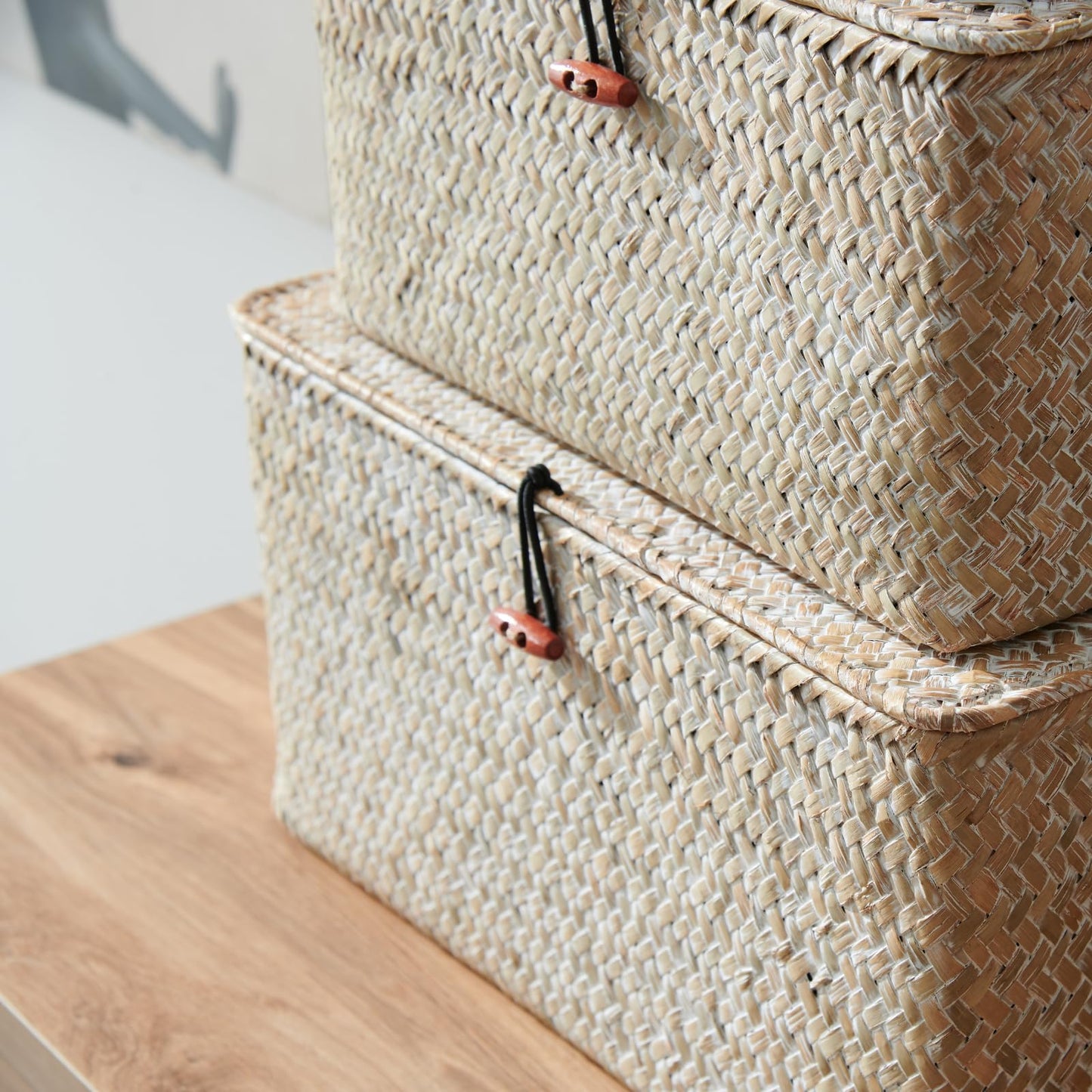 4 Pack, Wicker Baskets with Lids, Nautral Seagrass Storage Baskets, Woven Rectangular Basket Bins, Rattan Storage Organizer for Shelf