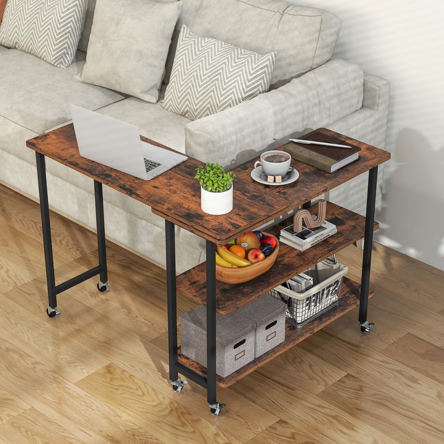 Tangkula 360° Rotating Sofa Side Table, Patented Mobile End Table with 2-Tier Storage Shelves, Swivel Rolling Desk with 6 Lockable Casters