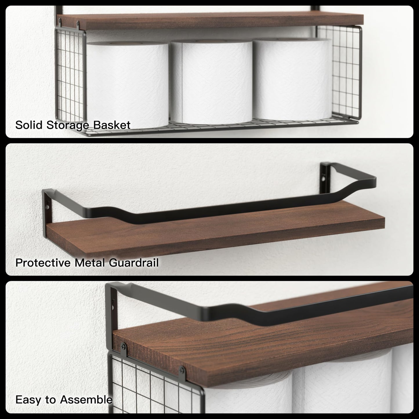 Floating Shelves with Wire Storage Basket, Bathroom Shelves Over Toilet with Protective Metal Guardrail, Wood Wall Shelves for Bathroom, Bedroom, Living Room, Toilet Paper-Black