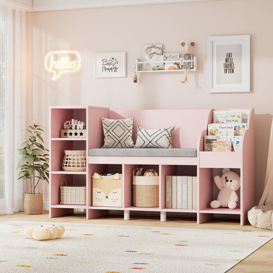 HOUSUIT 55" Kids Bookshelf with Reading Nook, Bookcase with Seat Cushion and Storage Cubbies, Kids Reading Nook with Adjustable Shelf, Toy Organizers and Storage with Bench for Playroom, White