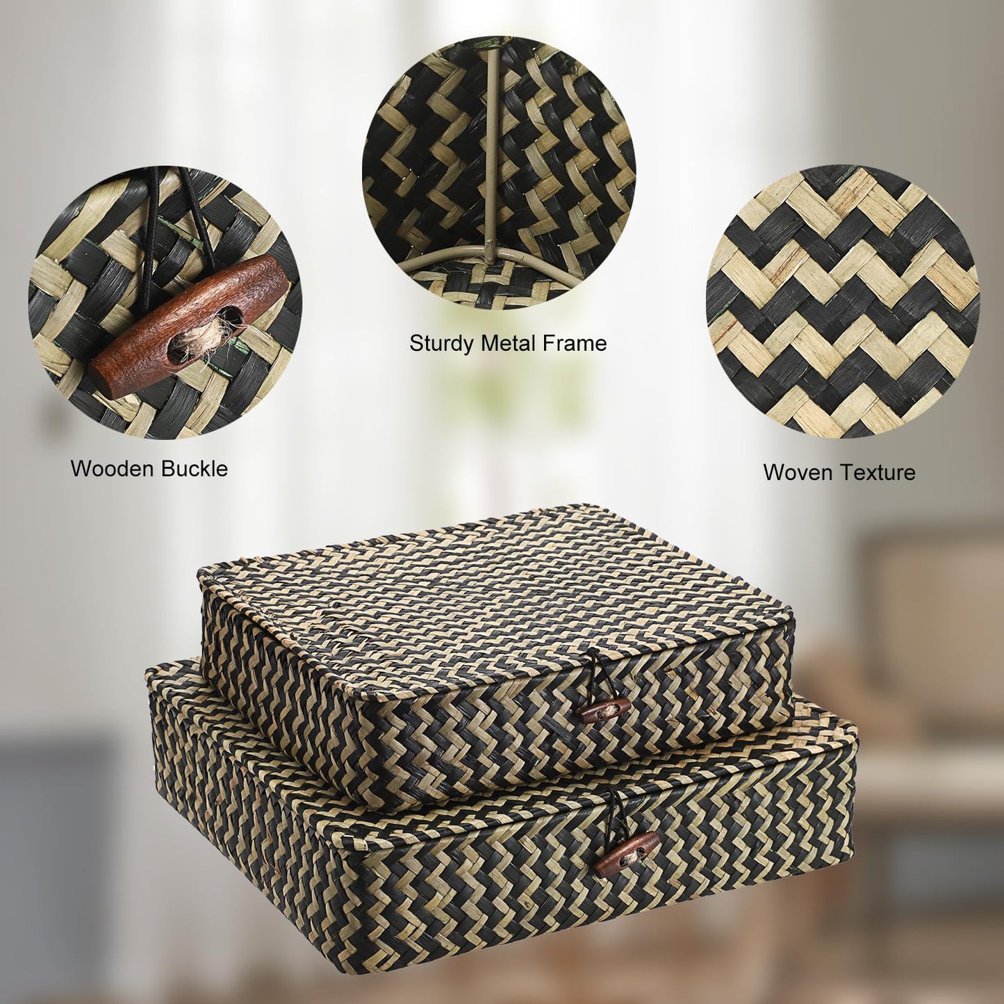Hipiwe Set of 2 Flat Woven Wicker Storage Bins with Lid Natural Seagrass Basket Multipurpose Home Boxes for Shelf Organizer (Coffee)