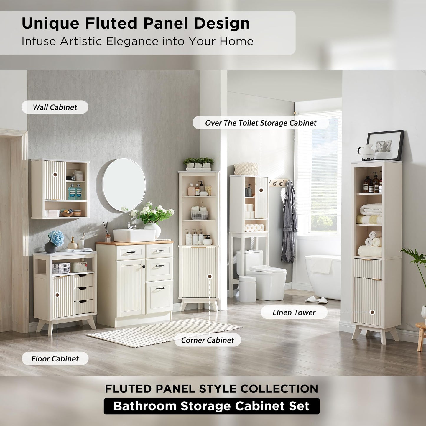 RedLemon Bathroom Wall Cabinet w/Fluted Sliding Door, Modern Medicine Cabinet w/Faux Marble Top & Adjustable Shelf, Curved Profile Wall Mounted Storage Organizer, Natural Oak Color