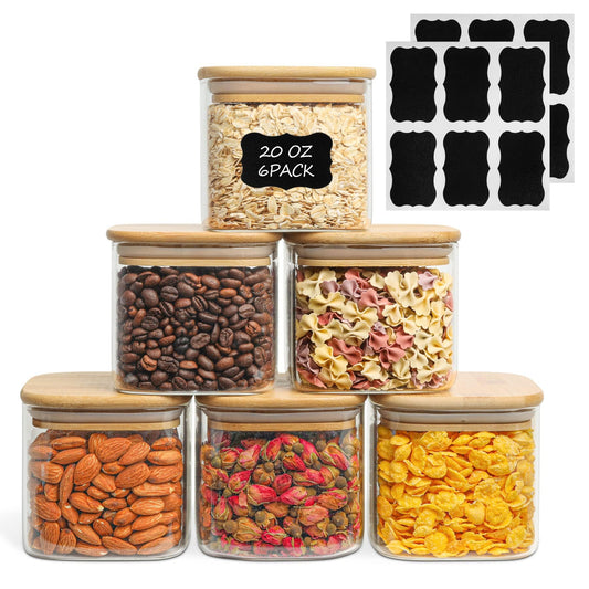 ComSaf Airtight Glass Storage Canister with Lids (24oz/37oz/51oz) Set of 6, Clear Food Storage Container Kitchen Pantry Storage Jar, Glass Jars for Flour Cereal Sugar Tea Coffee Beans Snacks, Square