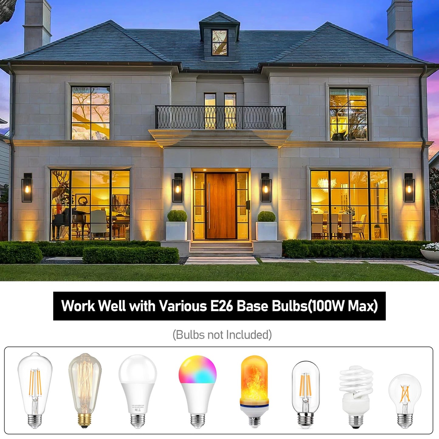 Outdoor Wall Light Fixtures, Exterior Waterproof Wall Lanterns, Porch Sconces Lighting with E26 Sockets & Glass Shades, Modern Matte Black Outside Lights for Patio Front Door Entryway Garage, 2-Pack