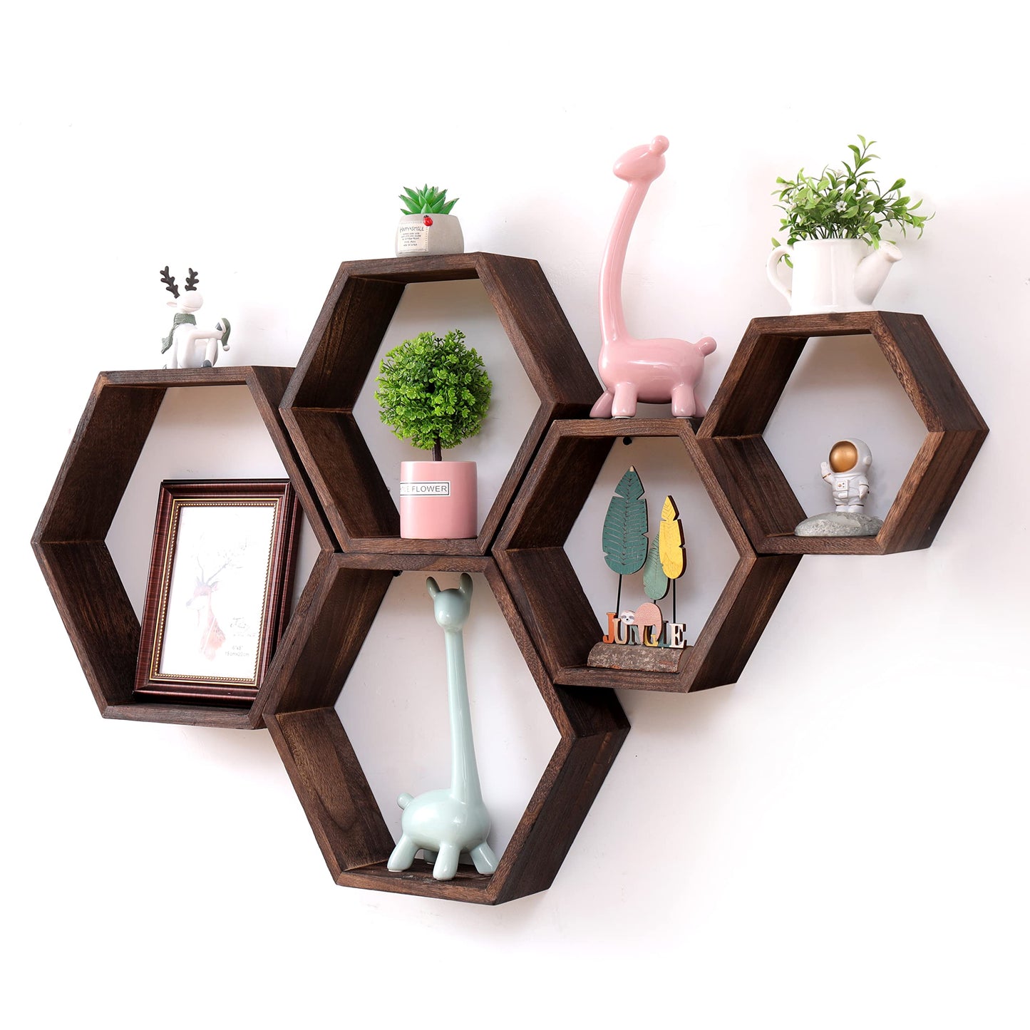 WONFUlity Hexagon Floating Shelves Honeycomb Shelves Wall Mounted Wood Farmhouse Storage Wall Shelf for Bathroom, Kitchen, Bedroom, Living Room,Driftwood Finish Decor, Black