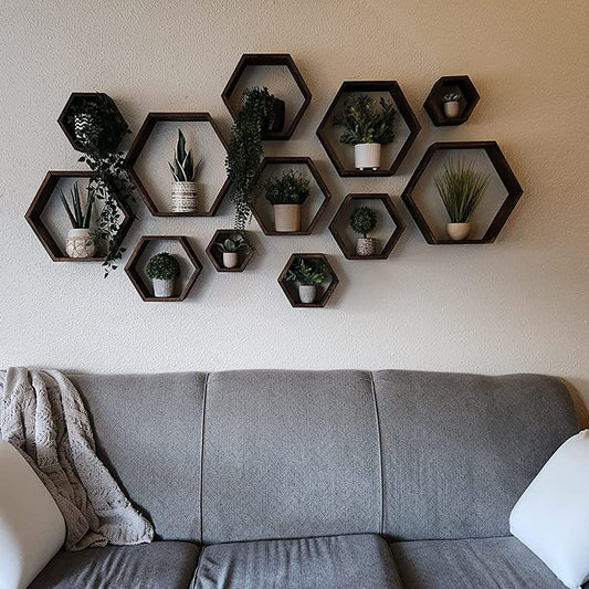 WONFUlity Hexagon Floating Shelves Honeycomb Shelves Wall Mounted Wood Farmhouse Storage Wall Shelf for Bathroom, Kitchen, Bedroom, Living Room,Driftwood Finish Decor, Black