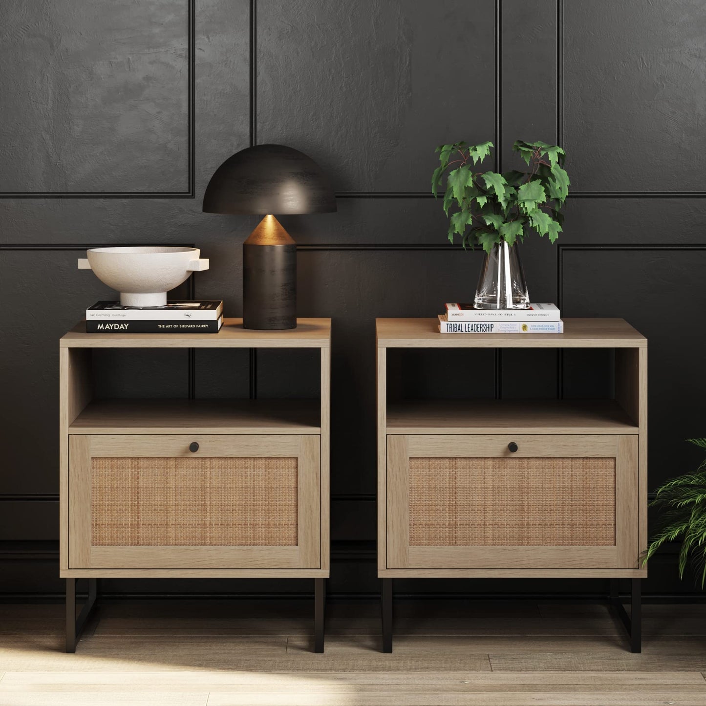 Nathan James Mina Rattan Wood End Side Accent Table Nightstand with Storage for Living Room or Bedroom, 1, Oak/Black