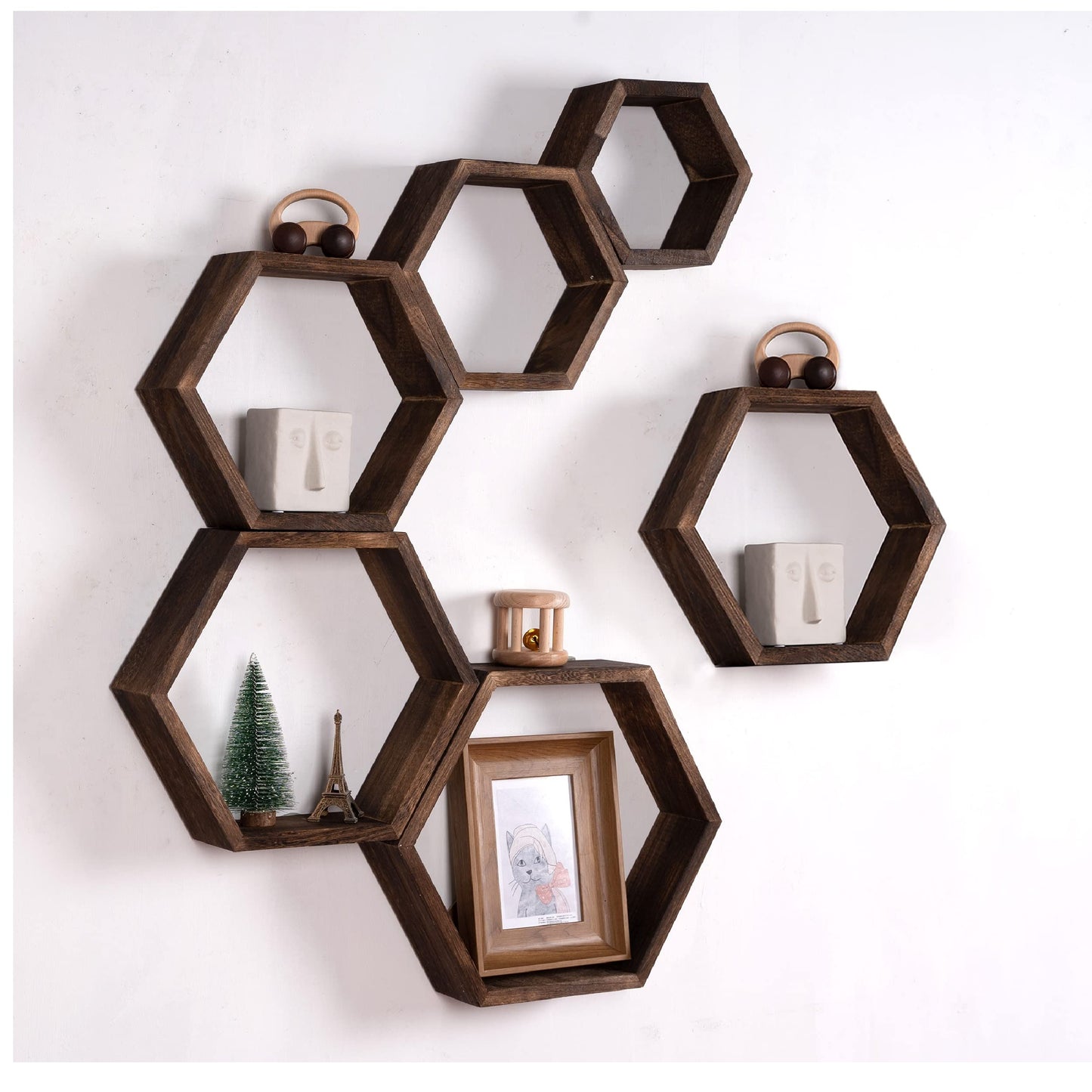 WONFUlity Hexagon Floating Shelves Honeycomb Shelves Wall Mounted Wood Farmhouse Storage Wall Shelf for Bathroom, Kitchen, Bedroom, Living Room,Driftwood Finish Decor, Black