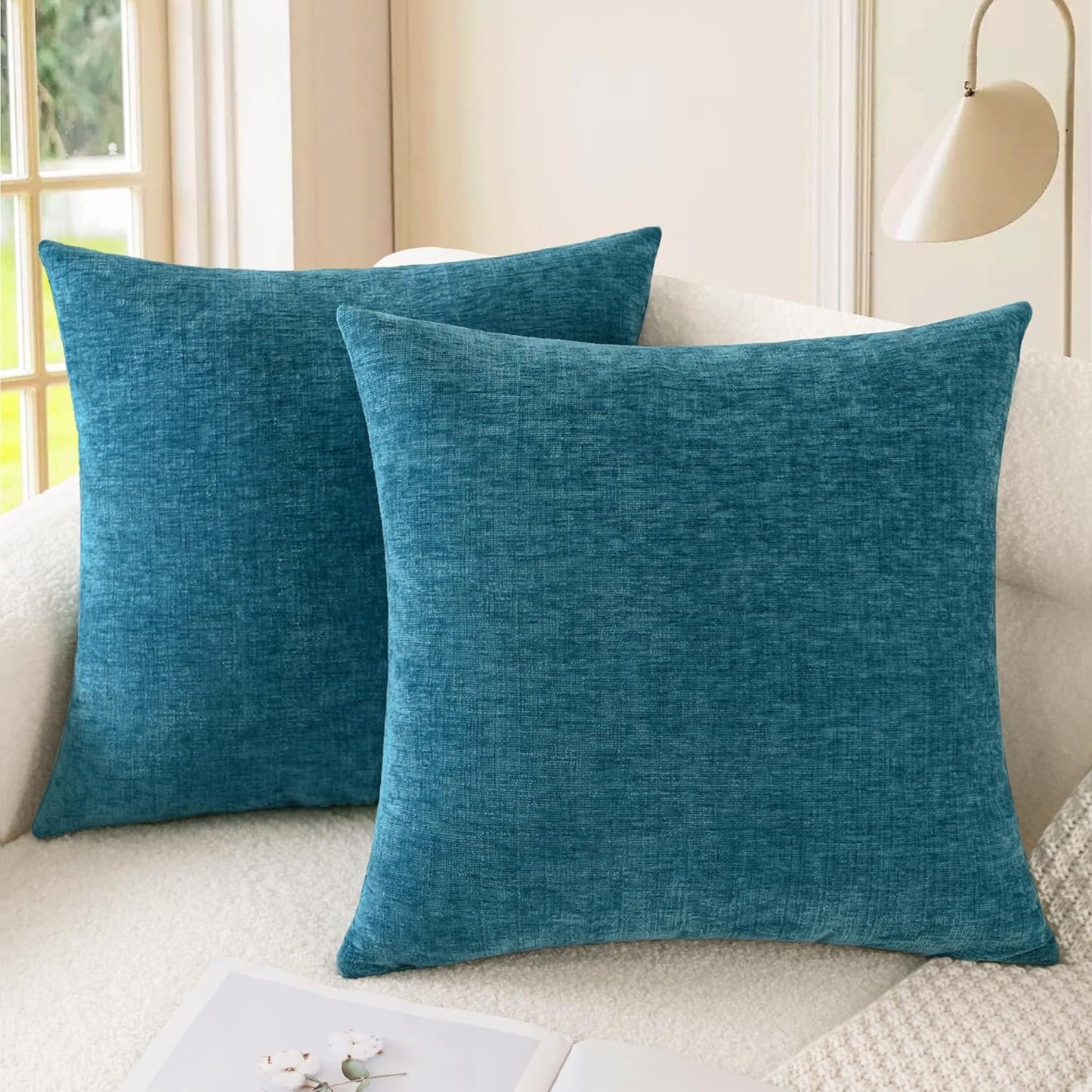 CaliTime Throw Pillow Covers Decorative 18 X 18 Inches Pack of 2 Cozy Chenille Cushion Cases for Couch Sofa Bed Living Room Home Teal