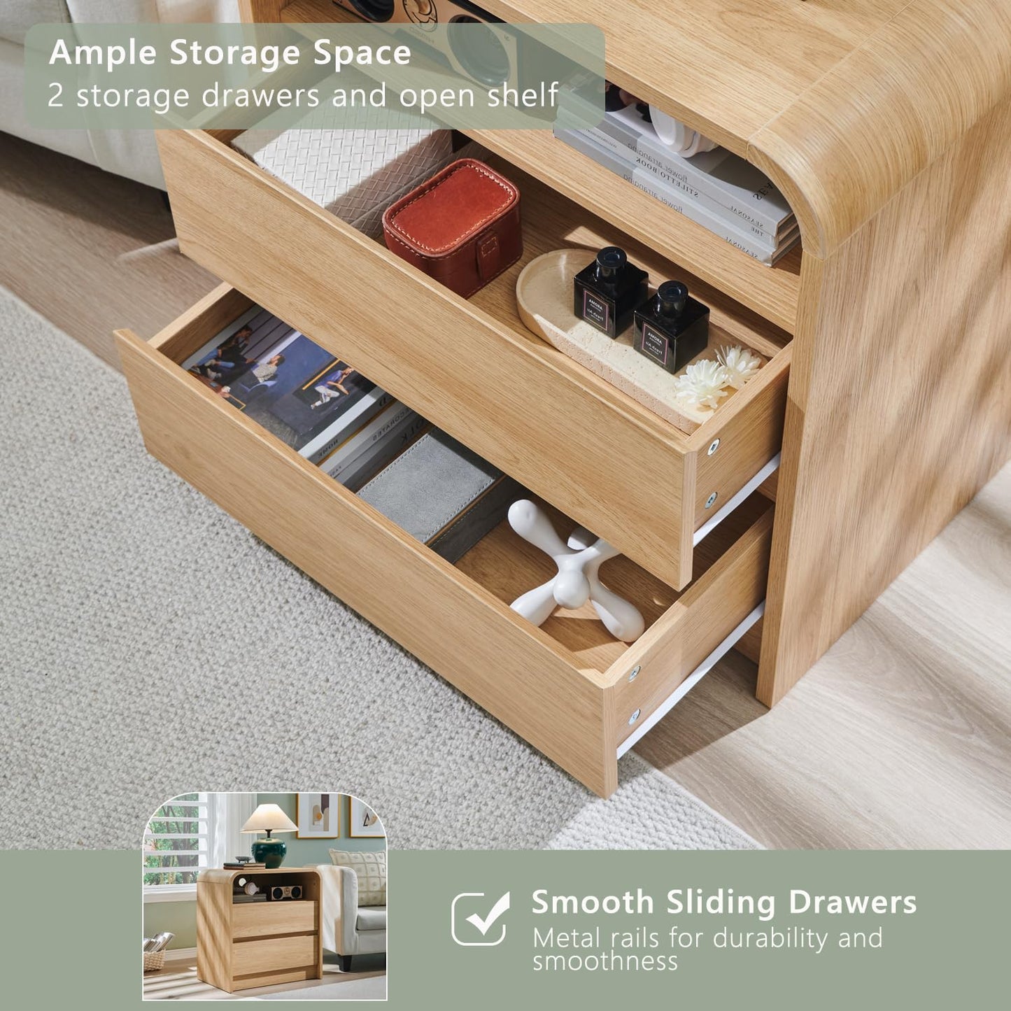 25" Tall Modern Nightstand Set of 2, 23.6'' Wide Wood Bedside Table w/2 Storage Drawers, Charging Station, Mid Century End Table for Bedroom, Living Room,Curved Profile Design, Natural Oak