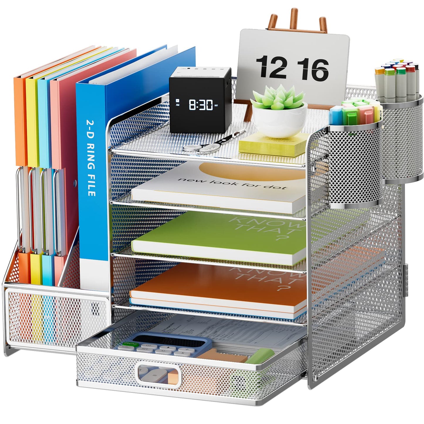 Marbrasse Desk Organizer with File Holder, 5-Tier Paper Letter Tray Organizer with Drawer and 2 Pen Holder, Mesh Desktop Organizer and Storage with Magazine Holder for Office Supplies(Black)