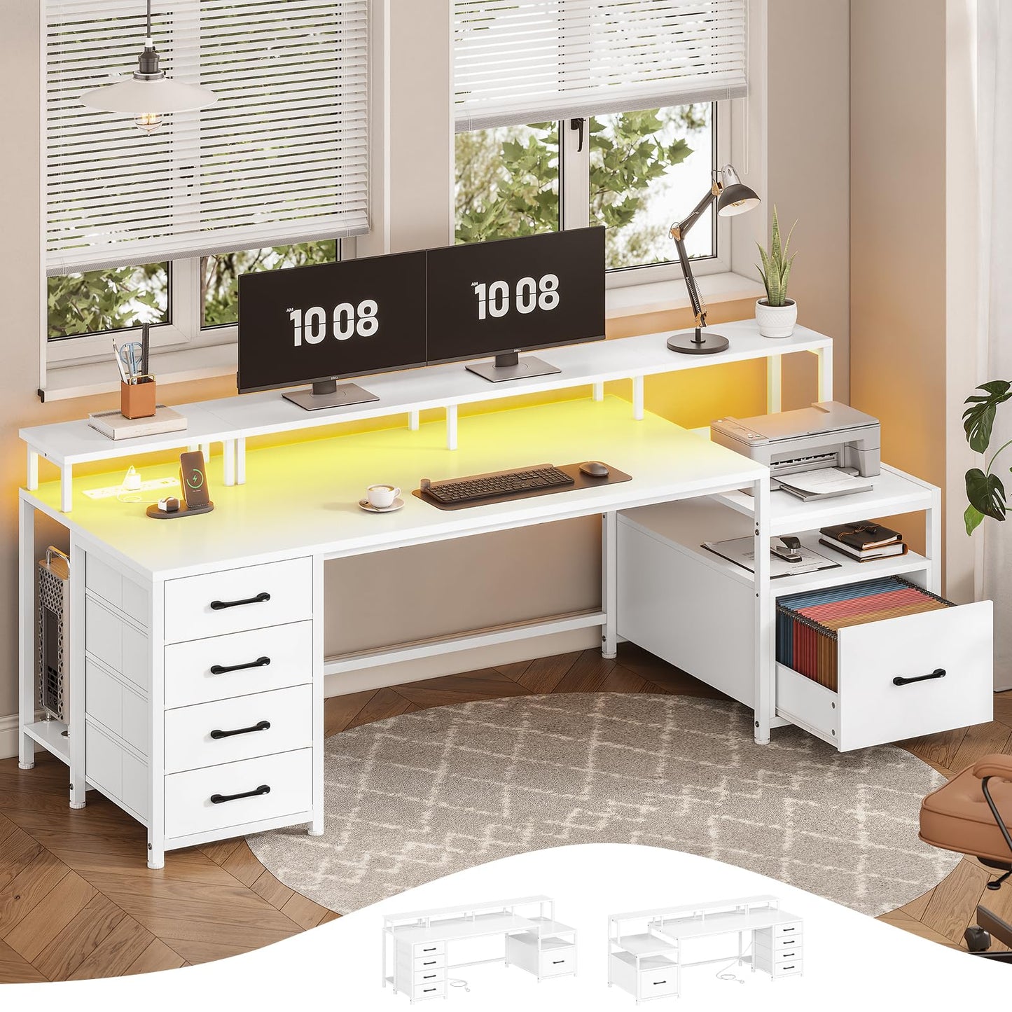 SEDETA Home Office Desk with File Drawer & Power Outlet, 66'' Computer Desk with 5 Drawer, Storage Shelves, Printer Cabinet and Monitor Shelf, Gaming Desk with Led Lights, Rustic Brown
