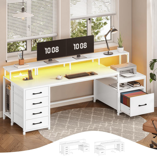 SEDETA Home Office Desk with File Drawer & Power Outlet, 66'' Computer Desk with 5 Drawer, Storage Shelves, Printer Cabinet and Monitor Shelf, Gaming Desk with Led Lights, Rustic Brown