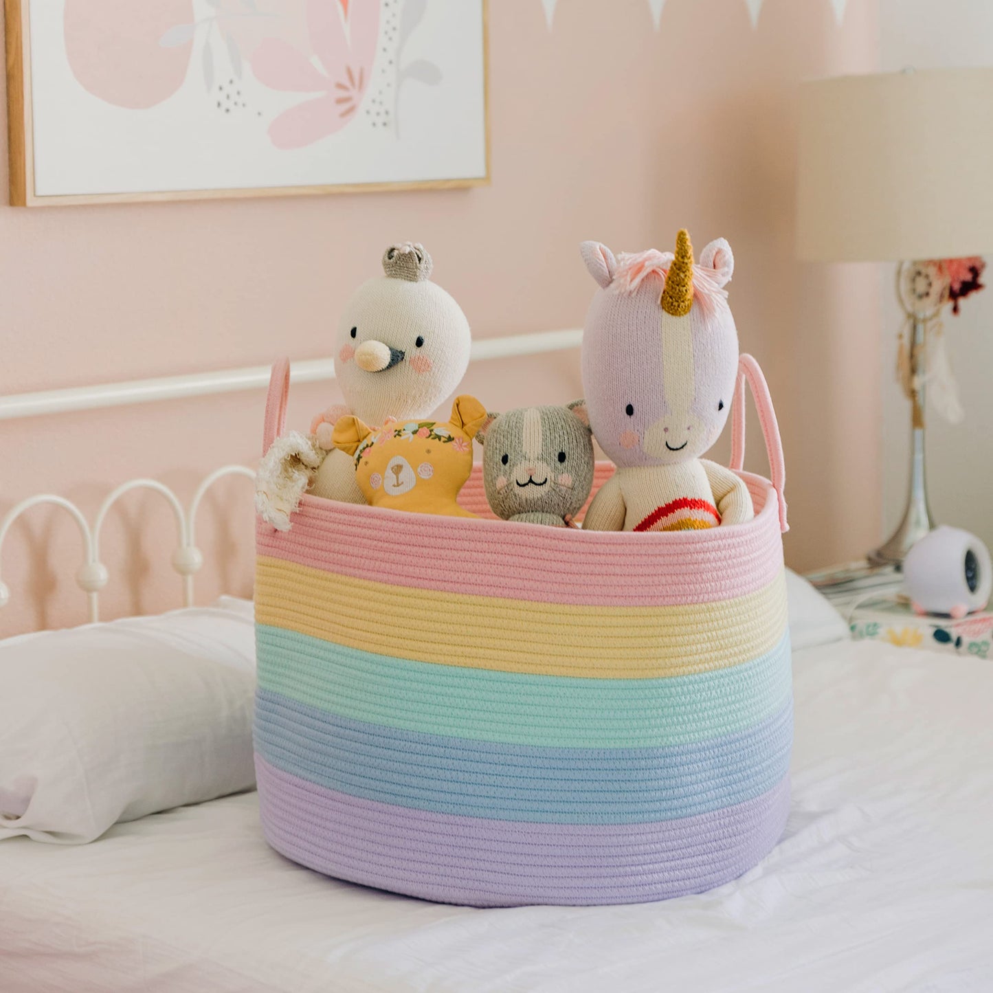 OrganiHaus Large Blanket Basket for Living Room 20x13, Rainbow Rope Basket for Classroom Organization, Toy Storage Basket, Woven Kids Laundry Basket