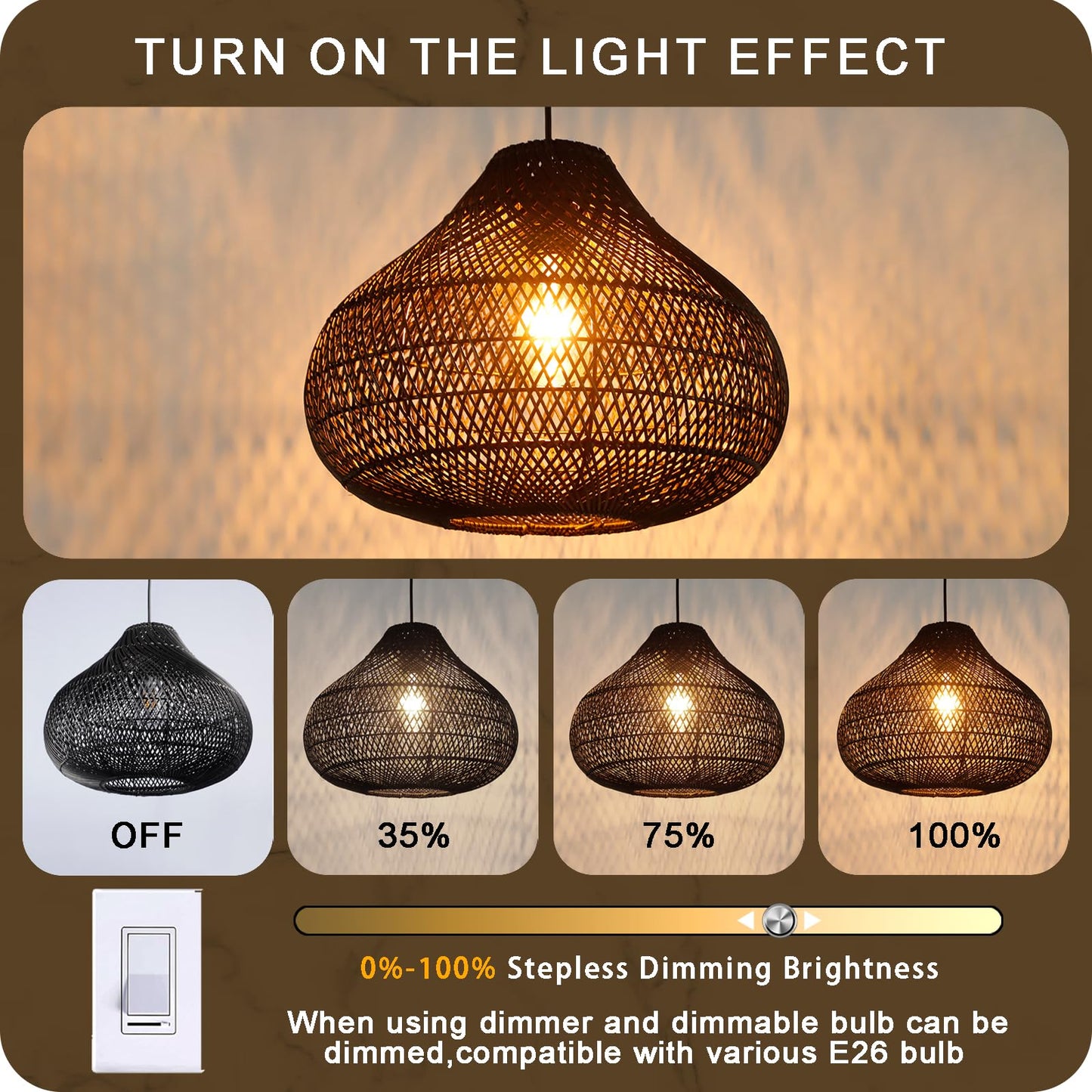 Rattan Pendant Lights, Large Wicker Chandelier Hand-Woven Boho Pendant Light Rattan Basket Hanging Light