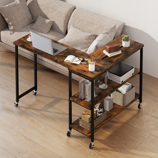 Tangkula 360° Rotating Sofa Side Table, Patented Mobile End Table with 2-Tier Storage Shelves, Swivel Rolling Desk with 6 Lockable Casters