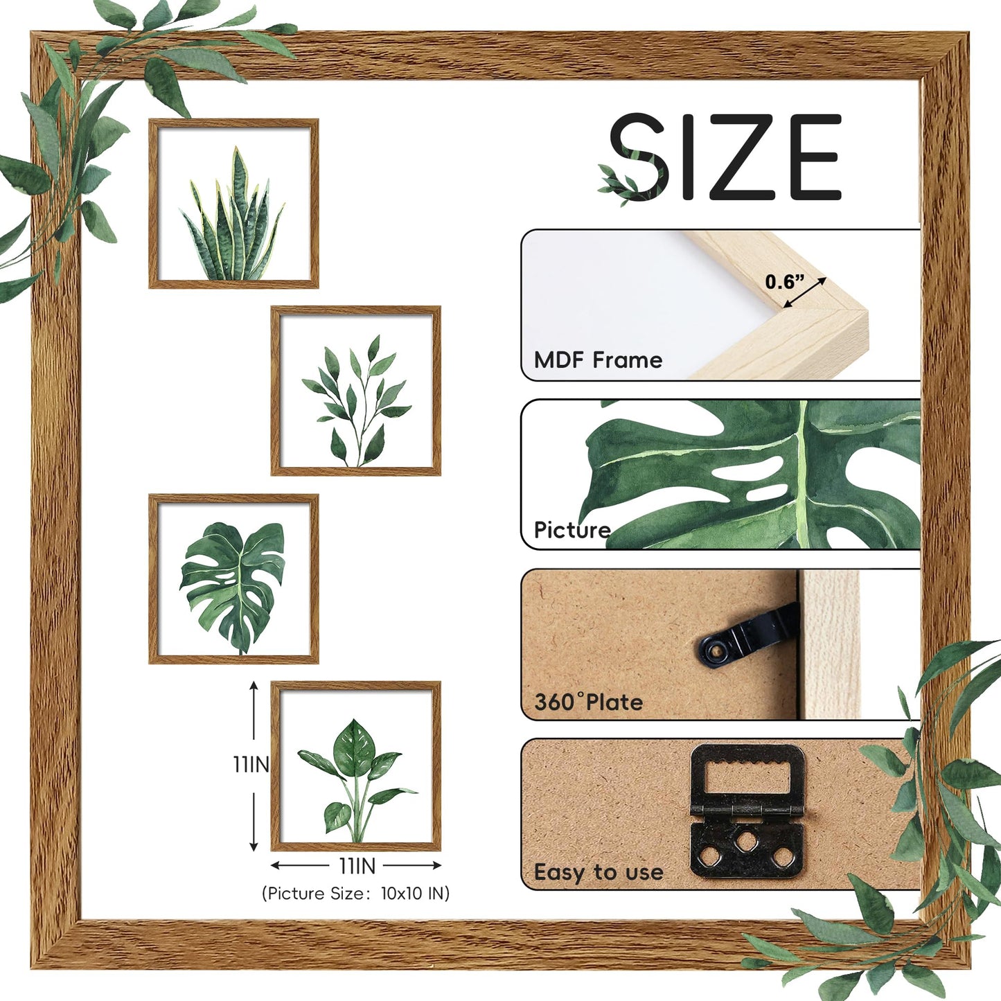 ArtbyHannah Framed Bathroom Wall Decor, 10x10 Inch Botanical Wall Art with Sage Green Plant Print for Wall Decoration, Minimalist Restroom Decor (Walnut)