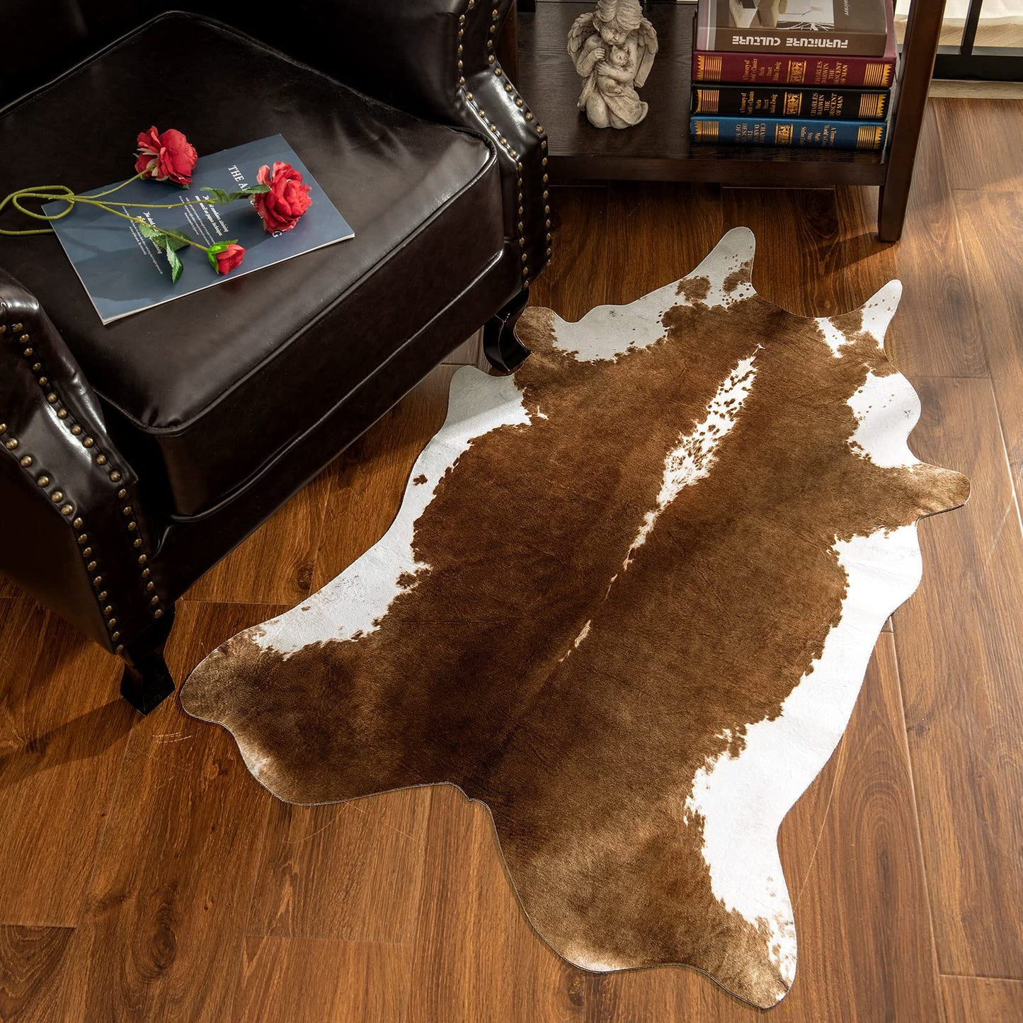 AROGAN Premium Faux Cowhide Rug 4.6 x 5.2 Feet, Sturdy and Large Size Cow Print Rugs, Suitable for Bedroom Living Room Western Decor