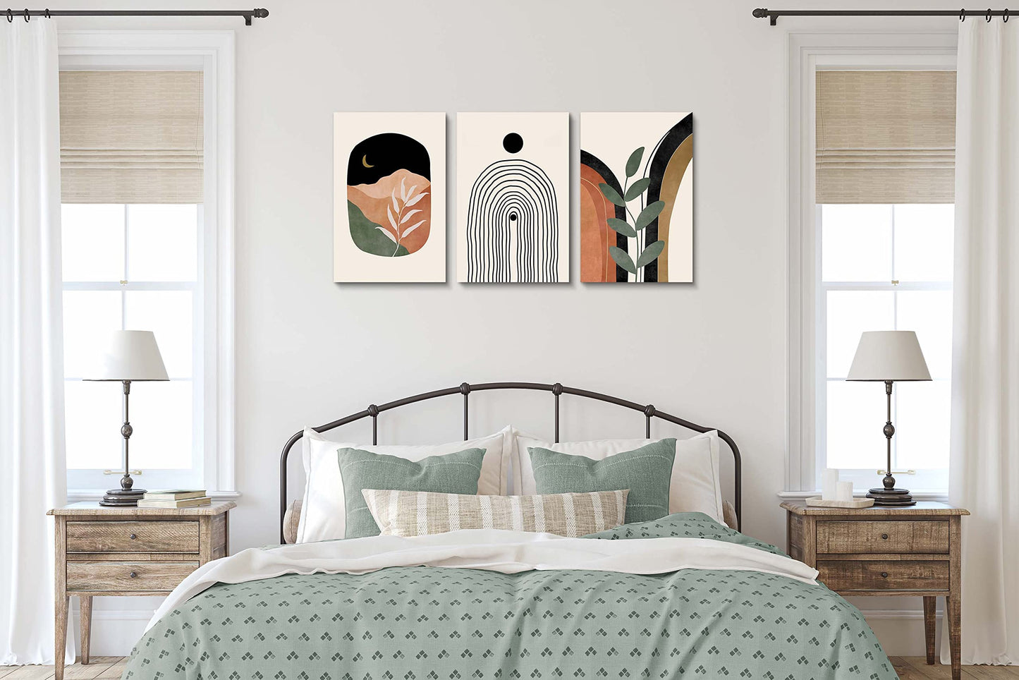 Sage Green Wall Posters & Prints, Green Boho Wall Art Set of 3, Minimalist Framed Wall Art Geometric Line Leaf Sun Moon Beige Green