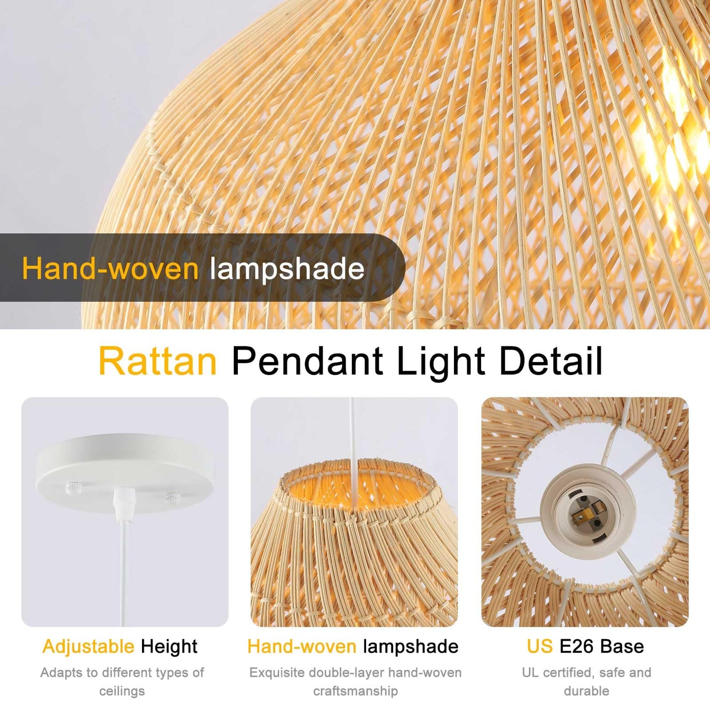 Rattan Pendant Lights, Large Wicker Chandelier Hand-Woven Boho Pendant Light Rattan Basket Hanging Light