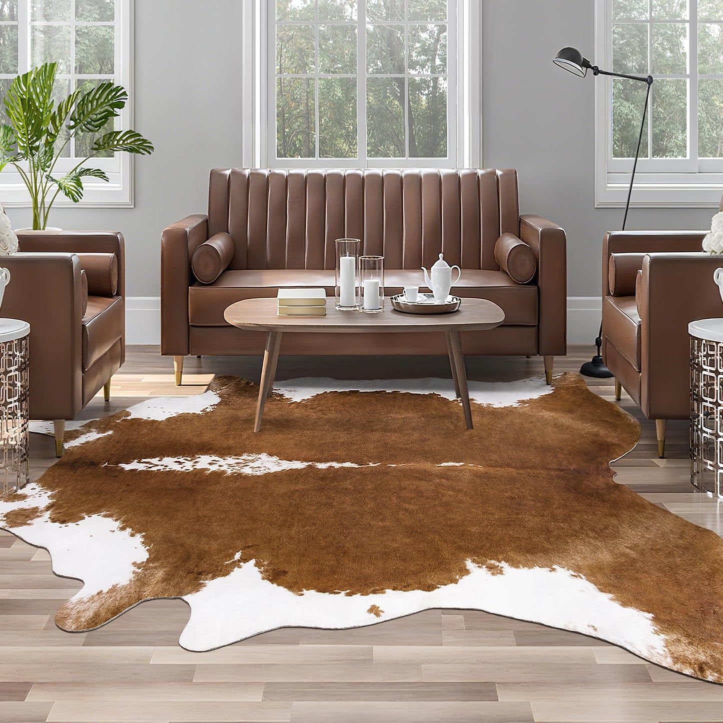 AROGAN Premium Faux Cowhide Rug 4.6 x 5.2 Feet, Sturdy and Large Size Cow Print Rugs, Suitable for Bedroom Living Room Western Decor