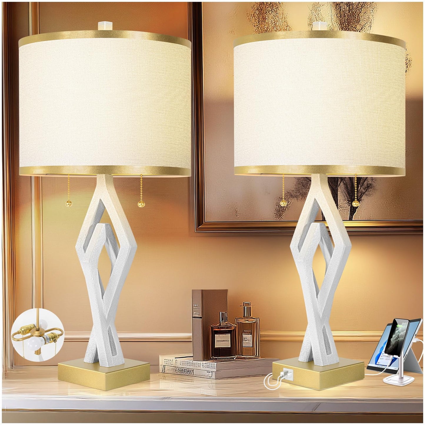 Scenekoy Sculptural Table Lamp Set of 2 for Bedroom, 26” Farmhouse Bedside Lamps for Living Room, Rustic Linen Shade Night Stand Lamp Marble Base with USB Ports for Home Decor (E26 Bulbs Included)