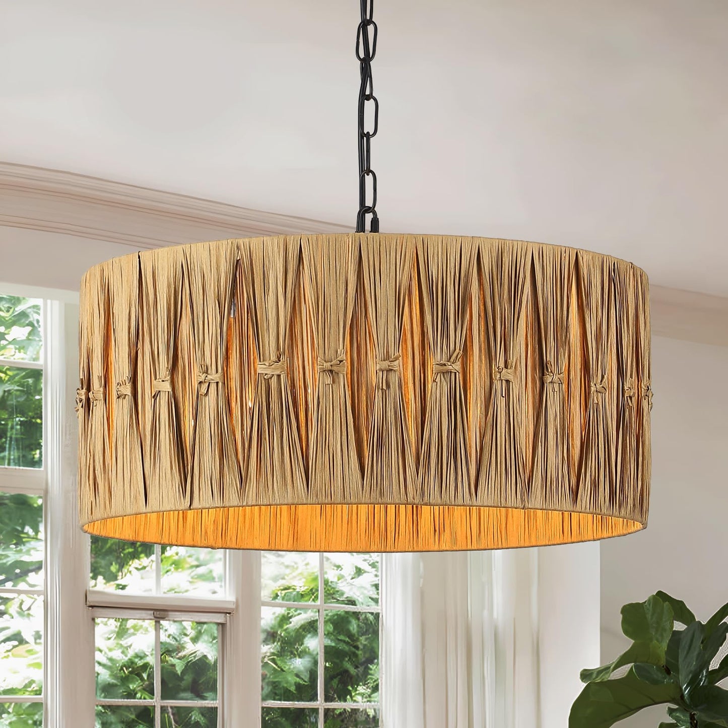 Rattan Pendant Lights, Large Wicker Chandelier Hand-Woven Boho Pendant Light Rattan Basket Hanging Light