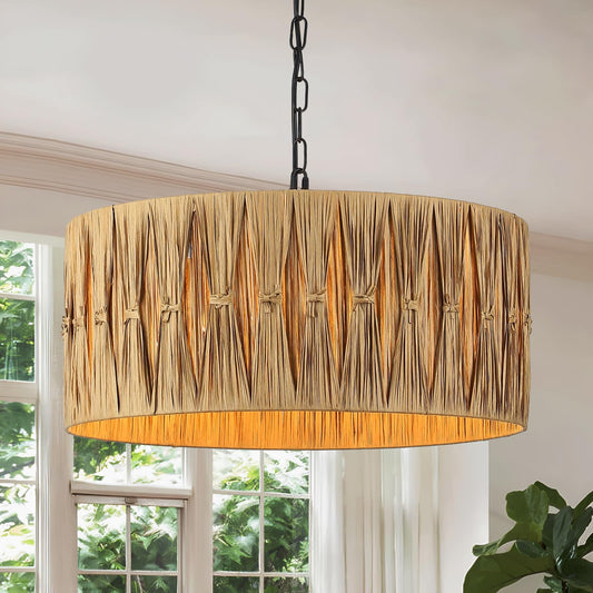 Rattan Pendant Lights, Large Wicker Chandelier Hand-Woven Boho Pendant Light Rattan Basket Hanging Light