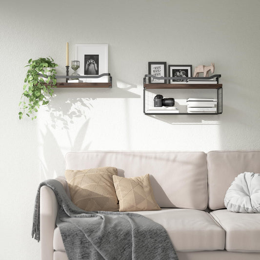 Floating Shelves with Wire Storage Basket, Bathroom Shelves Over Toilet with Protective Metal Guardrail, Wood Wall Shelves for Bathroom, Bedroom, Living Room, Toilet Paper-Black