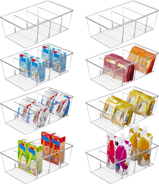 Vtopmart 8 Pack Food Storage Organizer Bins, Clear Plastic Bins for Pantry, Kitchen, Fridge, Cabinet Organization and Storage, 4 Compartment Holder