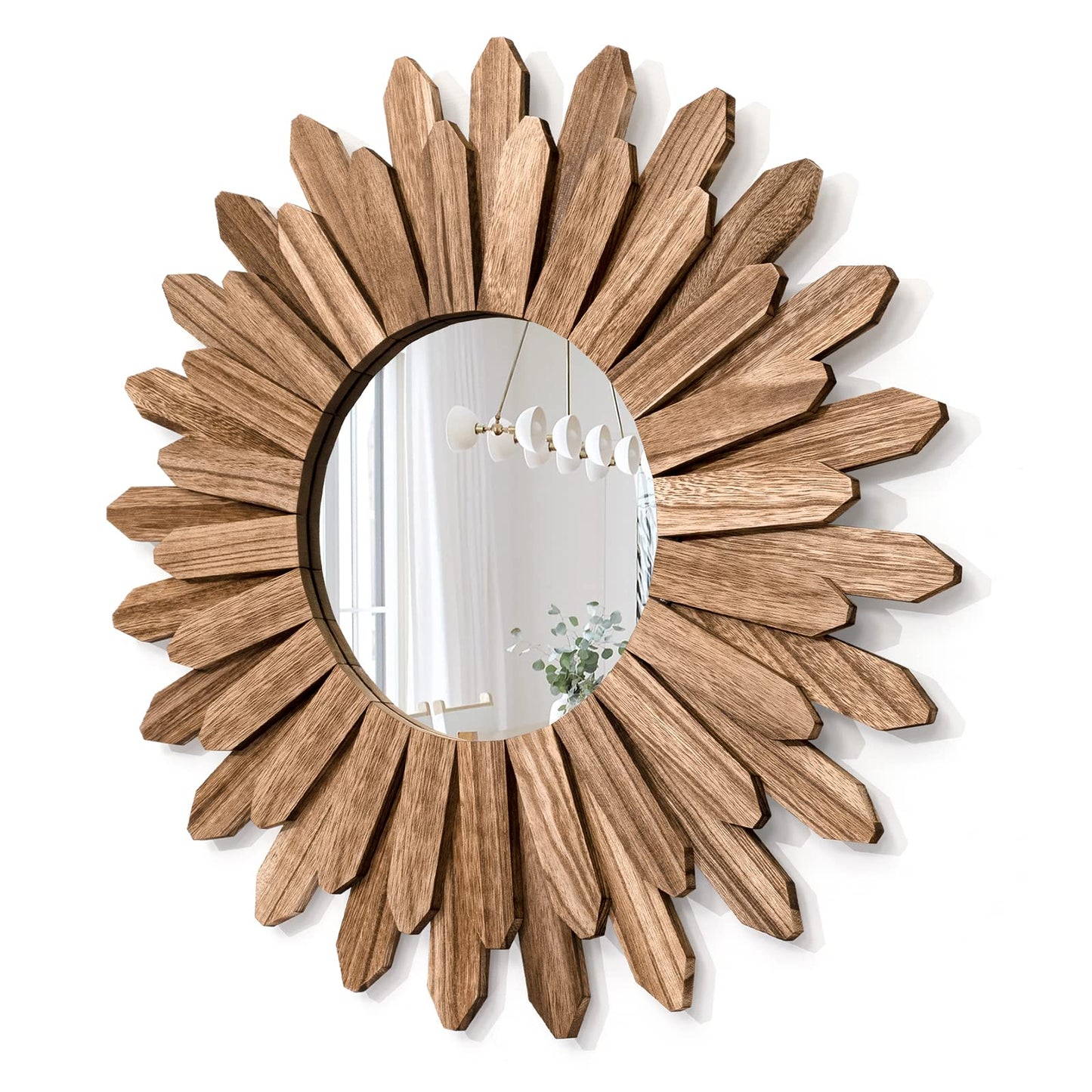 Honiway Wall Mirror Decorative 12 inch Rustic Wood Mirror Sunburst Boho Mirror for Entryway Bedroom Living Room Bathroom House Warming Gifts New Home Essential Carbonized Black