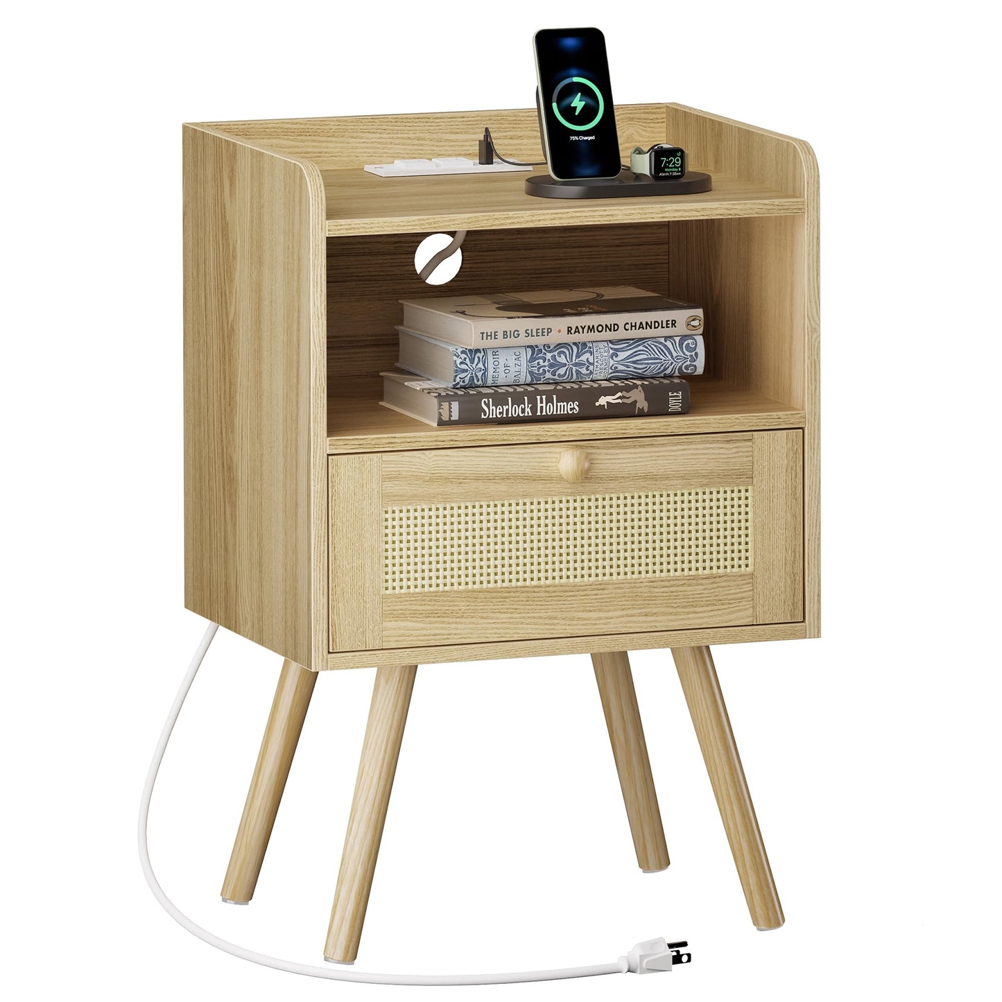 SUPERJARE Nightstands Set of 2, Night Stands with Charging Station & PE Rattan Decor Drawer, Bed Side Tables with Solid Wood Feet, End Table, for Bedroom, Living Room - Natural
