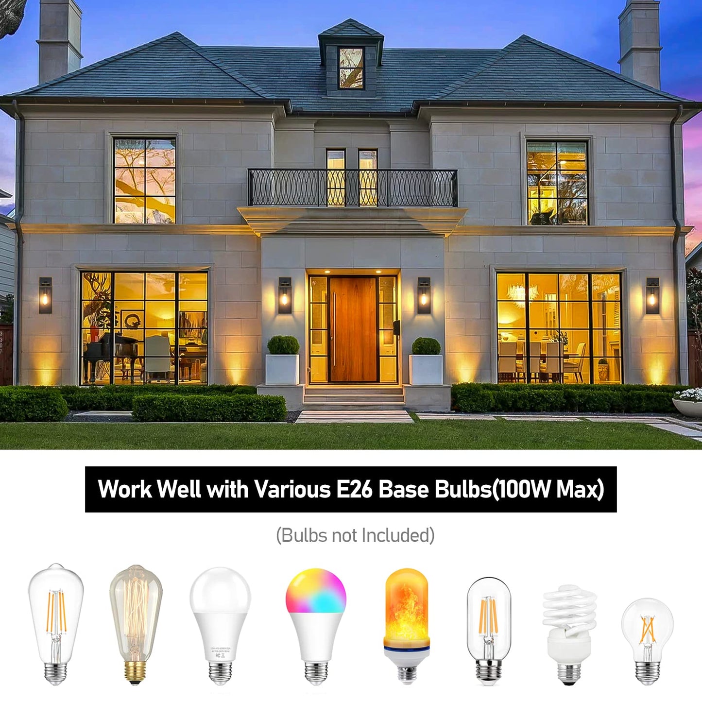 Outdoor Wall Light Fixtures, Exterior Waterproof Wall Lanterns, Porch Sconces Lighting with E26 Sockets & Glass Shades, Modern Matte Black Outside Lights for Patio Front Door Entryway Garage, 2-Pack