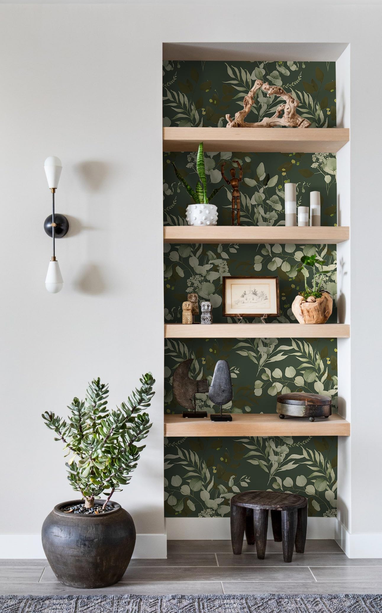 HAOKHOME Peel and Stick Wallpaper Boho Green/White Eucalyptus Leaf Floral Wall Mural Home Nursery Decor Renter Friendly Wallpaper 17.3in x 9.8ft