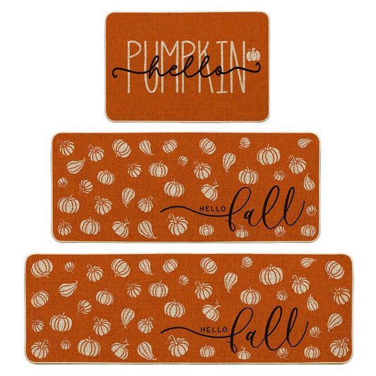 Artoid Mode Orange Hello Pumpkin Fall Kitchen Mats Set of 2, Autumn Home Decor Low-Profile Kitchen Rugs for Floor - 17x29 and 17x47 Inch