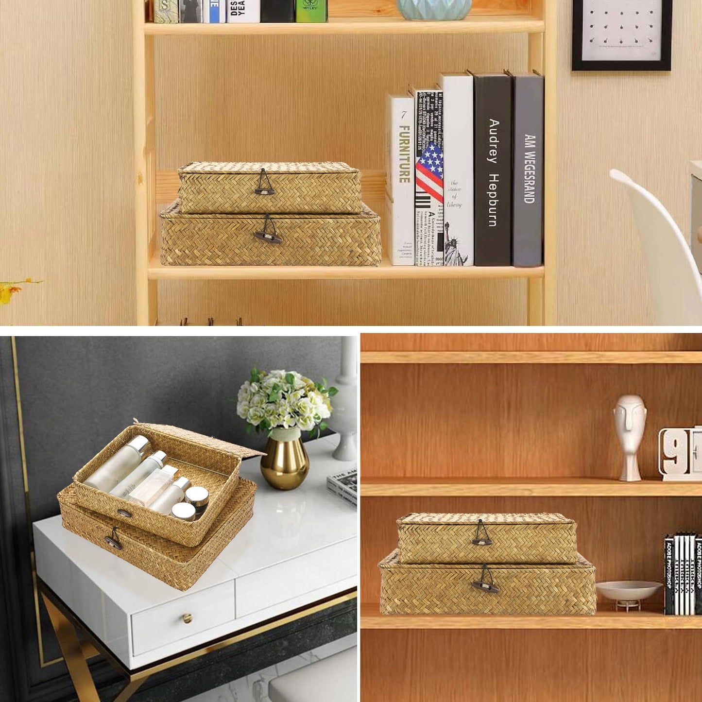 Hipiwe Set of 2 Flat Woven Wicker Storage Bins with Lid Natural Seagrass Basket Multipurpose Home Boxes for Shelf Organizer (Coffee)