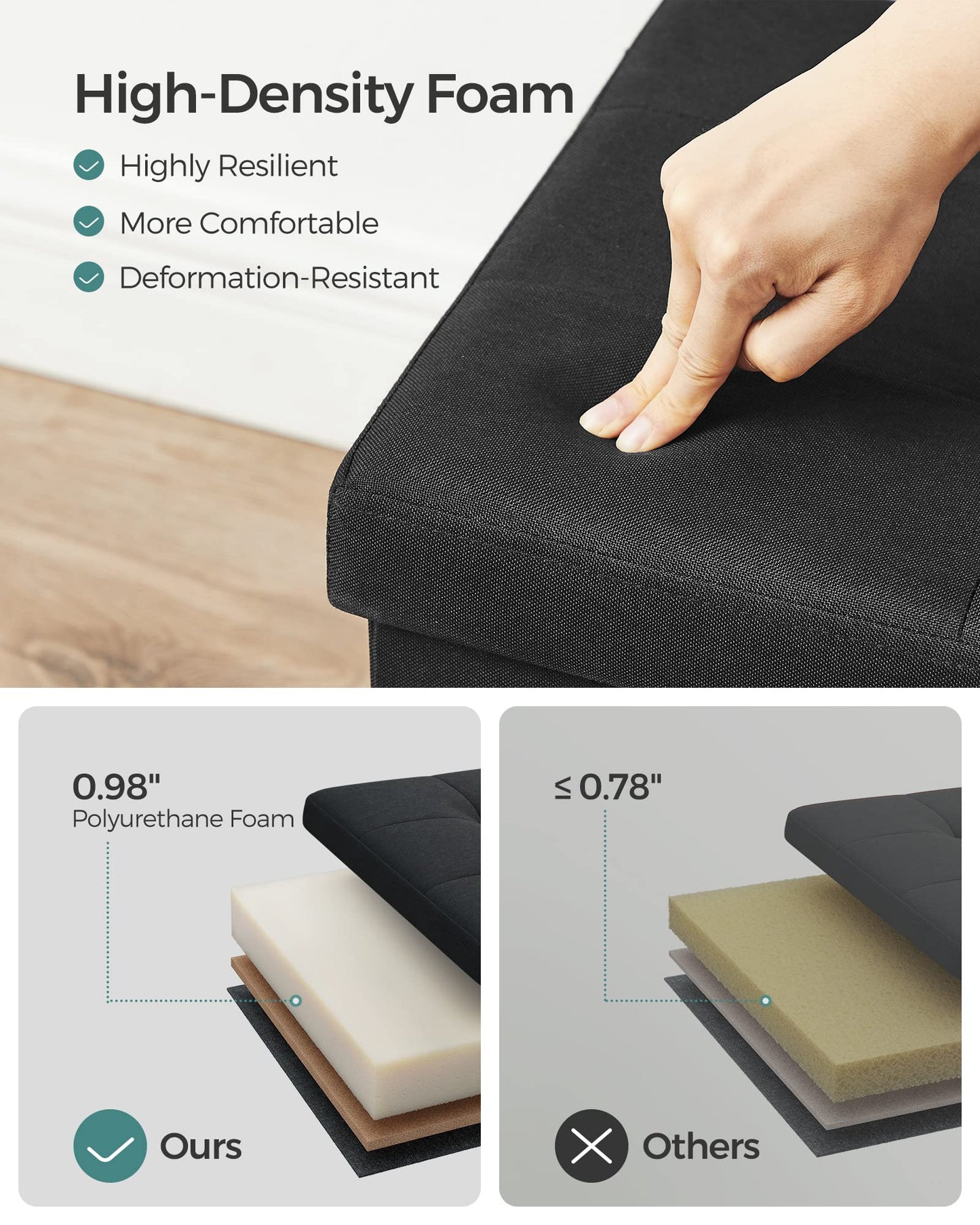 SONGMICS MAZIE Collection - 43 Inches Folding Storage Ottoman Bench, Ottoman Foot Rest, End of Bed Bench, Storage Chest, Load 660 lb, for Living Room, Bedroom, Entryway, Midnight Blue ULSF77IN