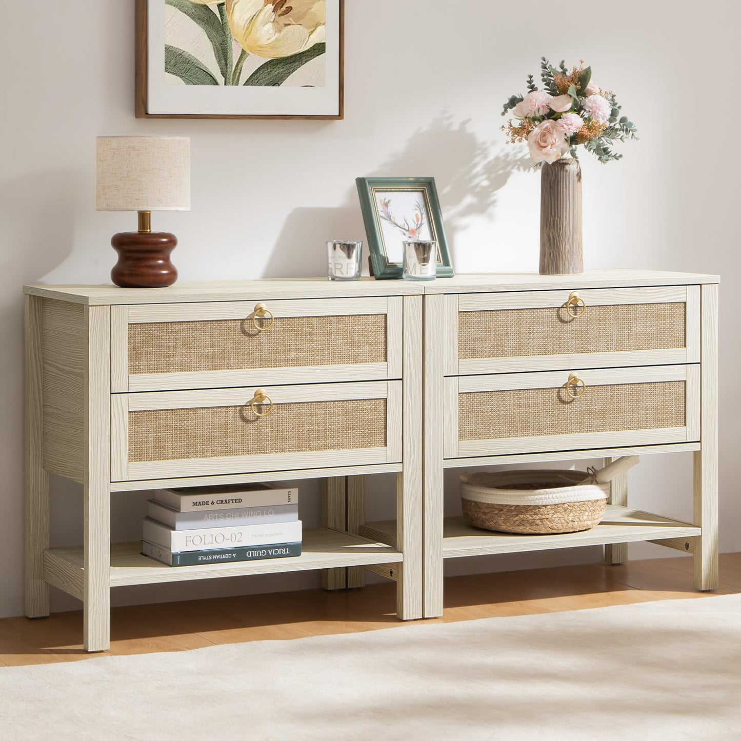 SICOTAS Night Stand Set of 2, Large Nightstand with Drawers and Storage Shelf - Rattan Boho Bedside Table Narrow Side Table for Bedroom, Small Space