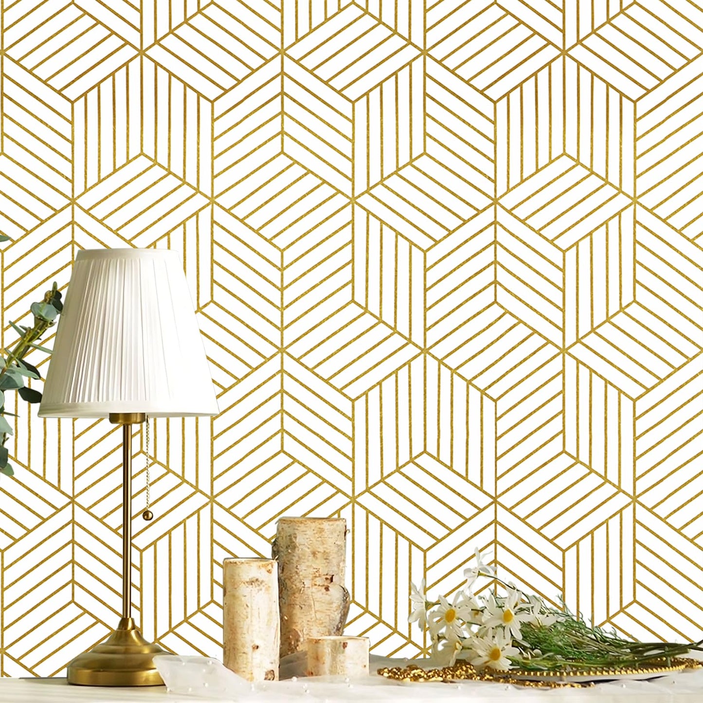CiCiwind Peel and Stick Wallpaper Boho Wall Paper Modern White and Gold Geometric Contact Paper for Cabinets Removable Self Adhesive Bathroom Wallpaper for Bedroom Papel Tapiz para Pared 15.7"x78.7"