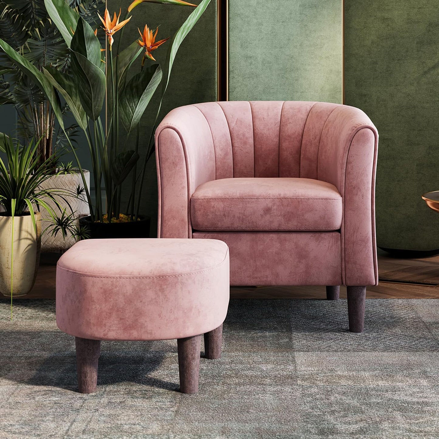 LINSY Accent Chair with Ottoman, Modern Barrel Chair Comfy Armchair with Footrest