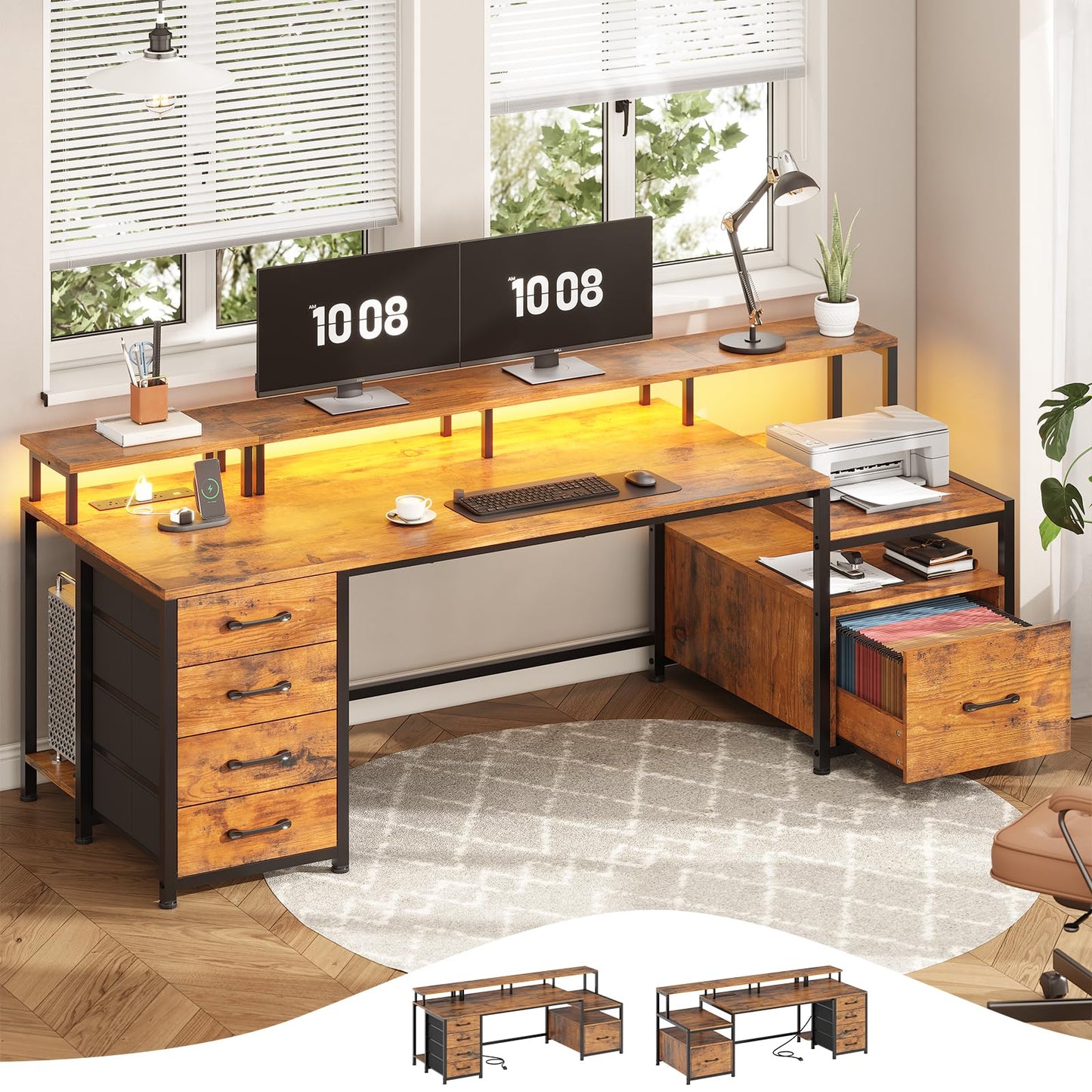 SEDETA Home Office Desk with File Drawer & Power Outlet, 66'' Computer Desk with 5 Drawer, Storage Shelves, Printer Cabinet and Monitor Shelf, Gaming Desk with Led Lights, Rustic Brown