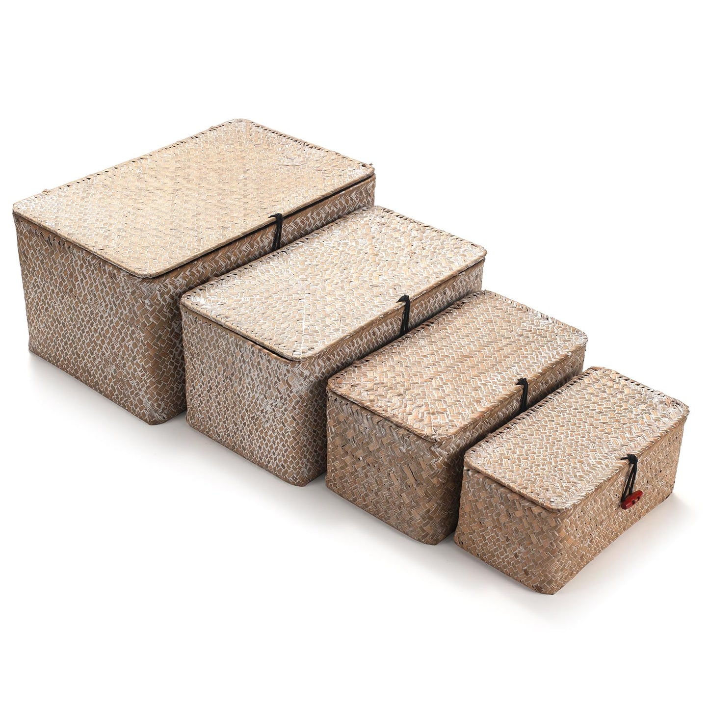 4 Pack, Wicker Baskets with Lids, Nautral Seagrass Storage Baskets, Woven Rectangular Basket Bins, Rattan Storage Organizer for Shelf